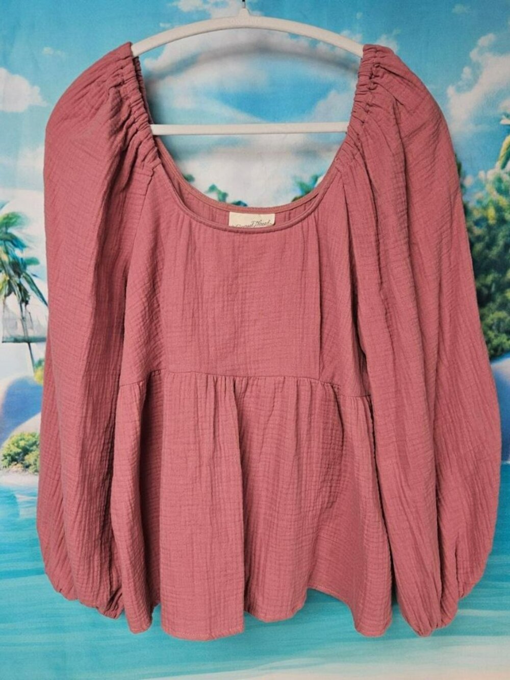 Pink Long Sleeve Cotton Gauze Peplum Blouse Womens M Shirt Top Universal Thread